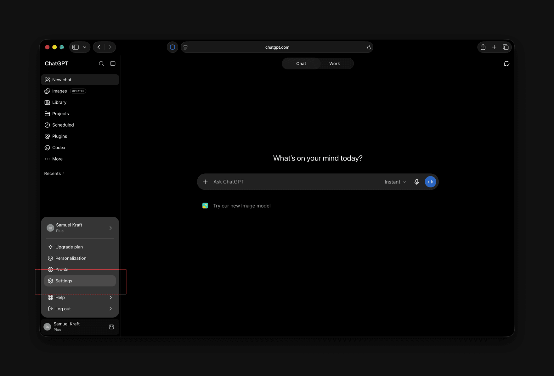 The account menu in ChatGPT with Settings highlighted.