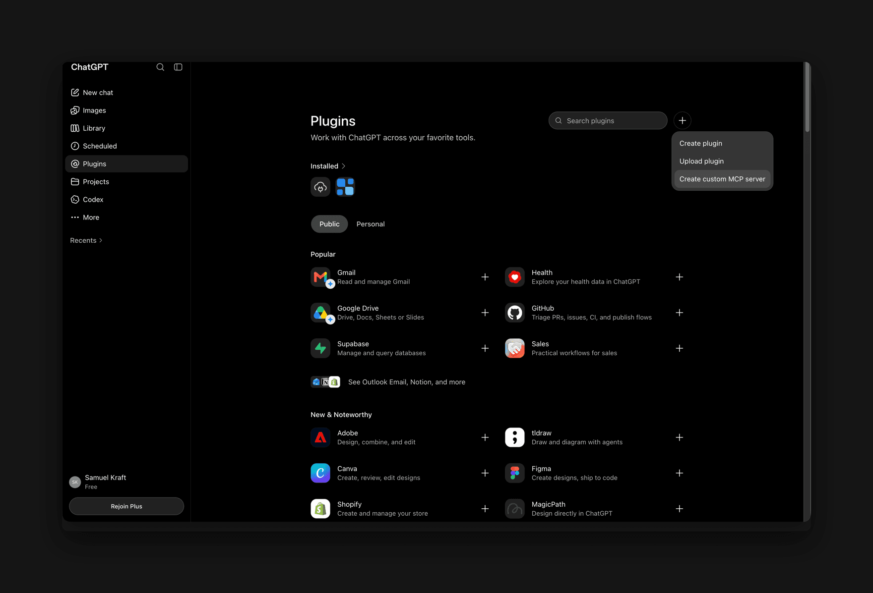 The Plugins page in ChatGPT with the plus menu open and Create custom MCP server highlighted.