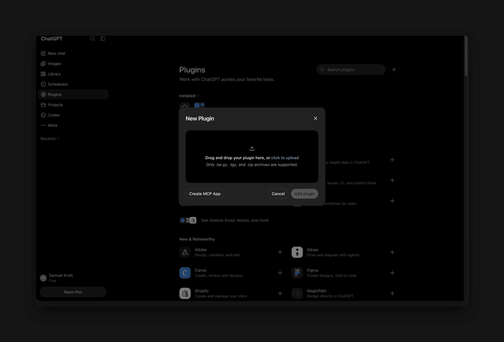 The New Plugin dialog in ChatGPT with a Create MCP App button at the bottom left.