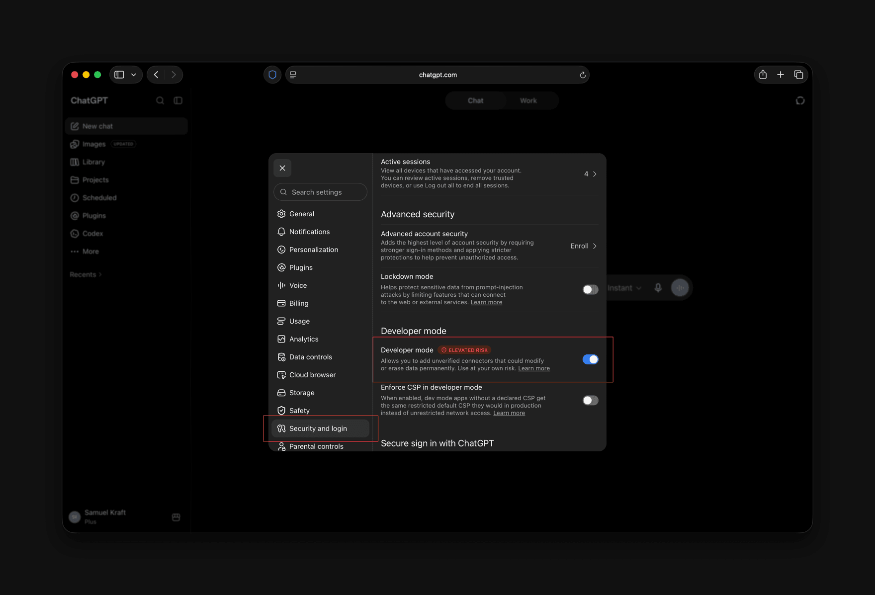 ChatGPT settings, Security and login, with the Developer mode toggle switched on.