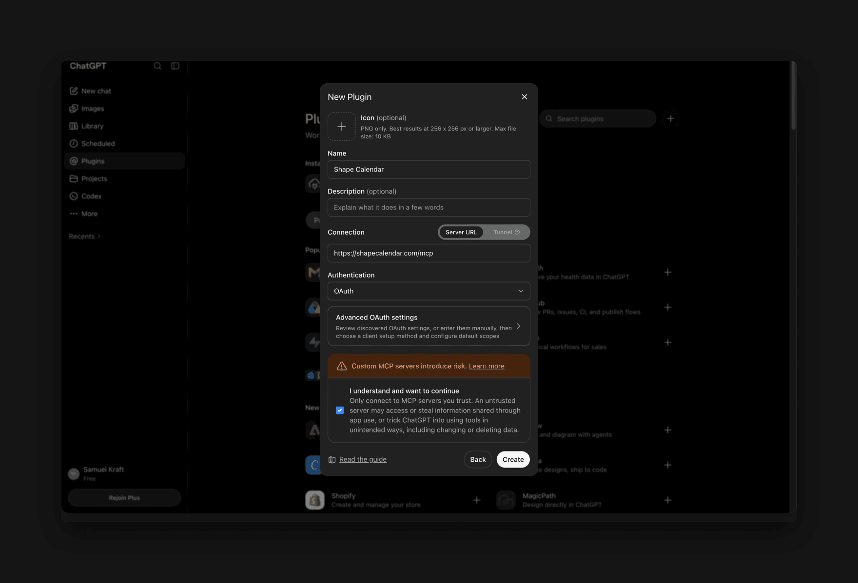 The New Plugin dialog in ChatGPT with the name Shape Calendar, the server URL https://shapecalendar.com/mcp, authentication set to OAuth and the risk acknowledgement ticked.