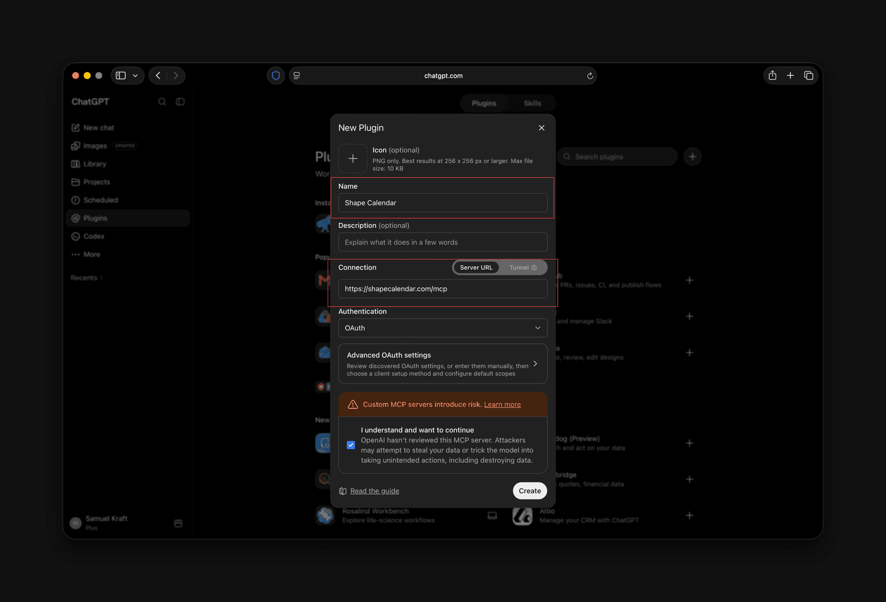 The New Plugin dialog in ChatGPT with the name Shape Calendar, the server URL https://shapecalendar.com/mcp, authentication set to OAuth and the risk acknowledgement ticked.