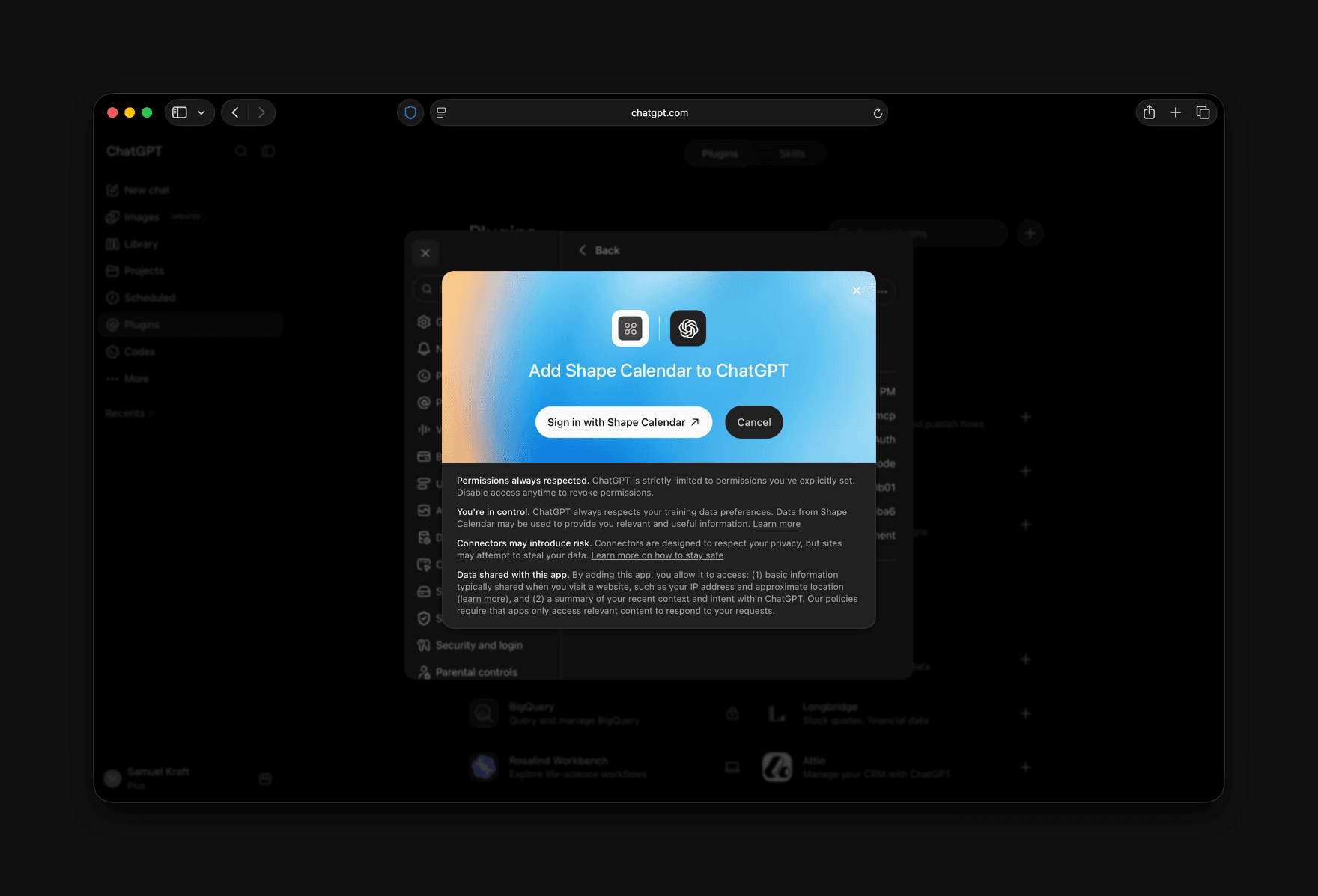 The Add Shape Calendar to ChatGPT dialog with a Sign in with Shape Calendar button.