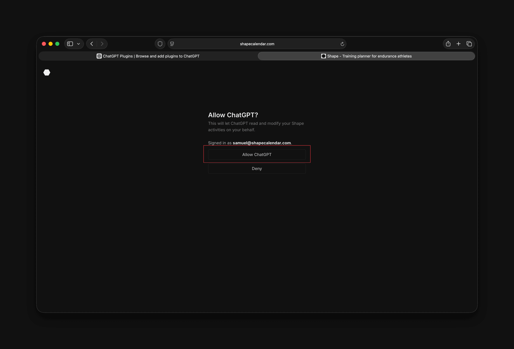 The Shape consent page asking Allow ChatGPT, signed in as the user, with an Allow ChatGPT button.