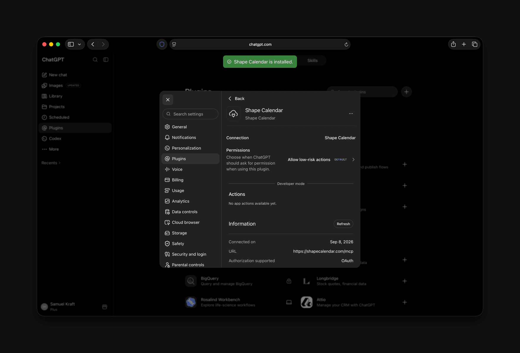 ChatGPT showing Shape Calendar is installed, with permissions set to Allow low-risk actions.