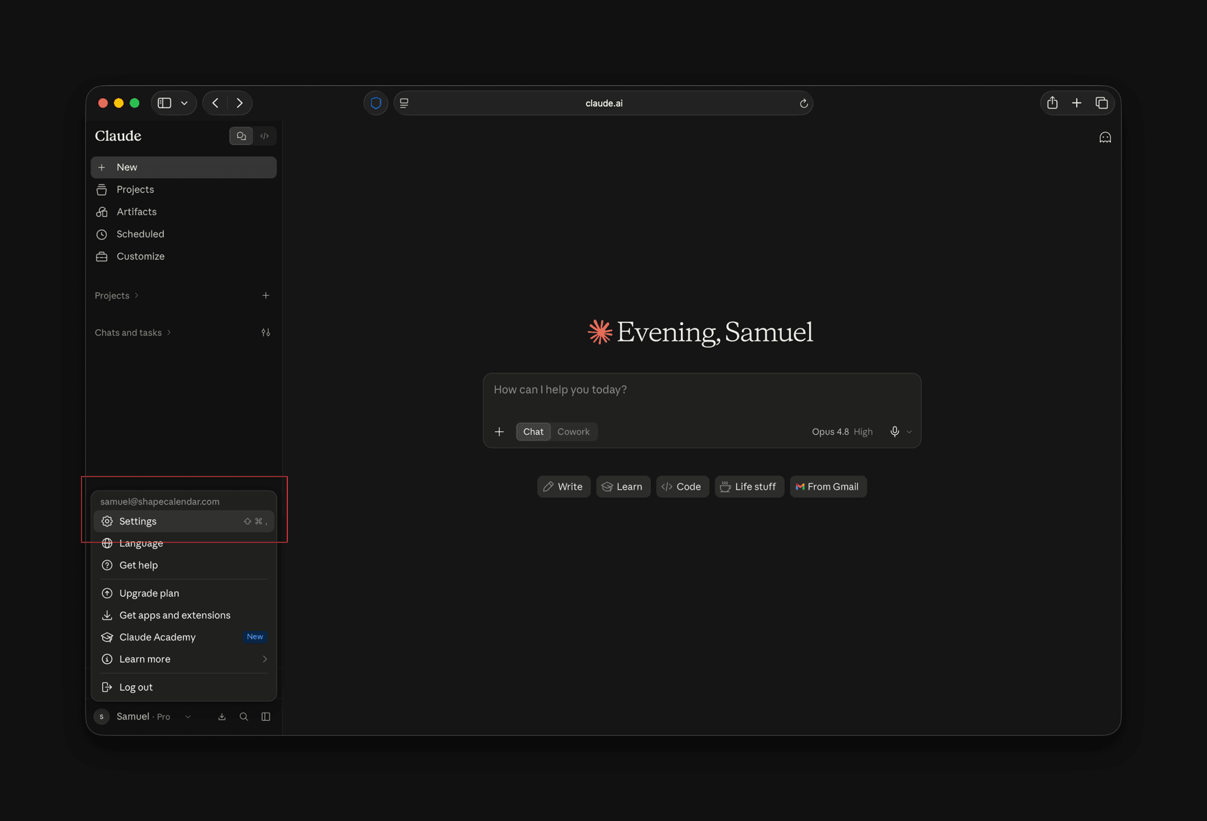 The account menu in claude.ai with Settings highlighted.
