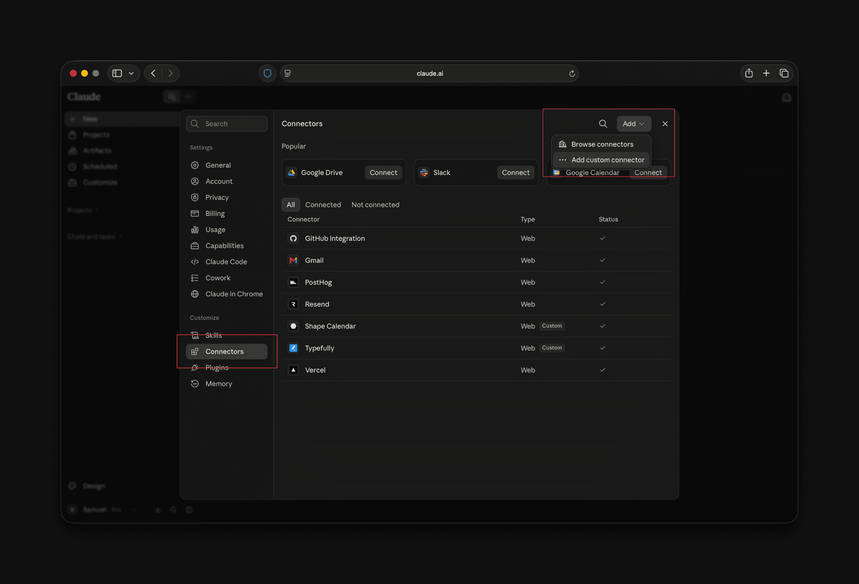 The Connectors page in claude.ai settings with the Add menu open and Add custom connector highlighted.