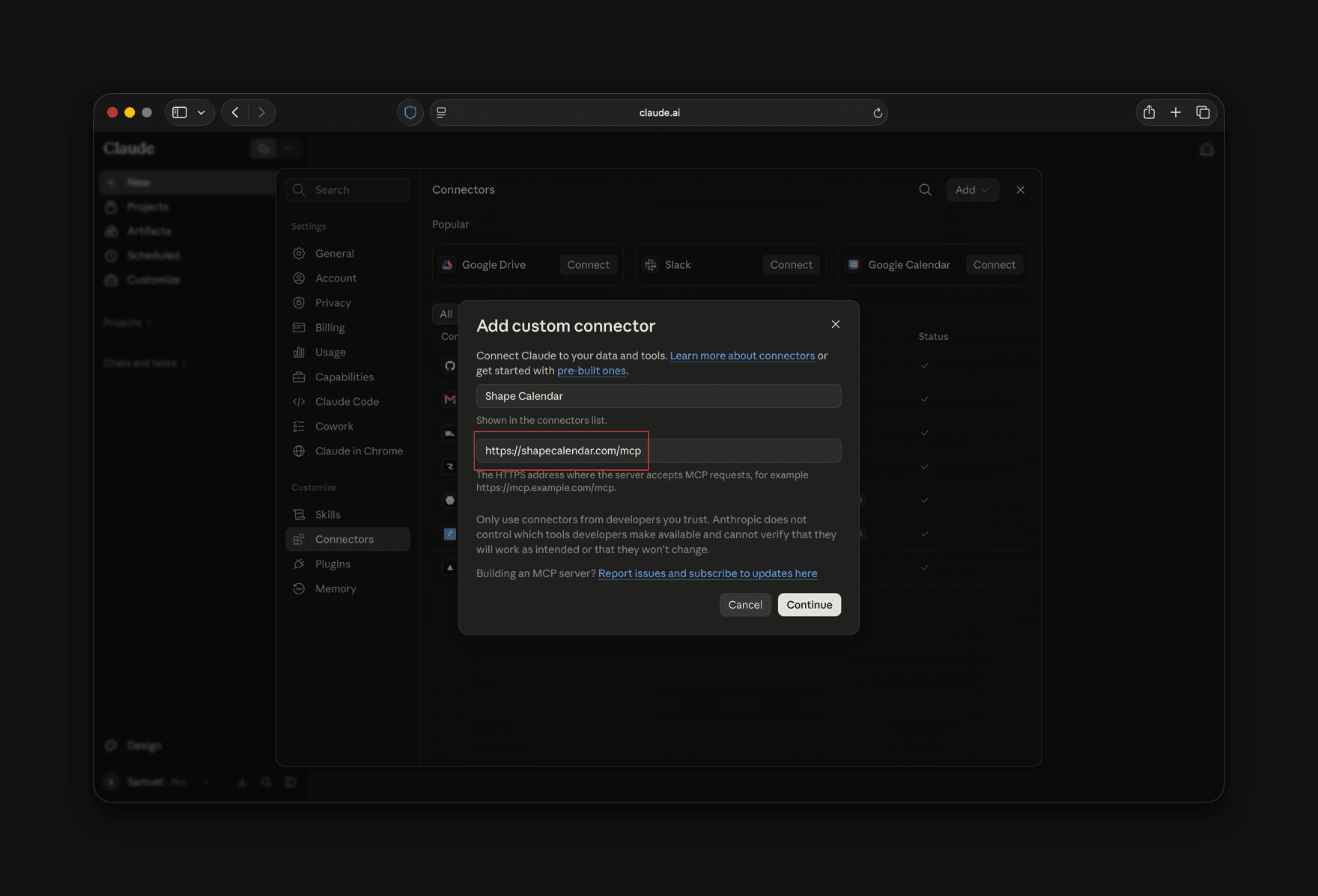 The Add custom connector dialog with the name Shape Calendar and the URL https://shapecalendar.com/mcp filled in.