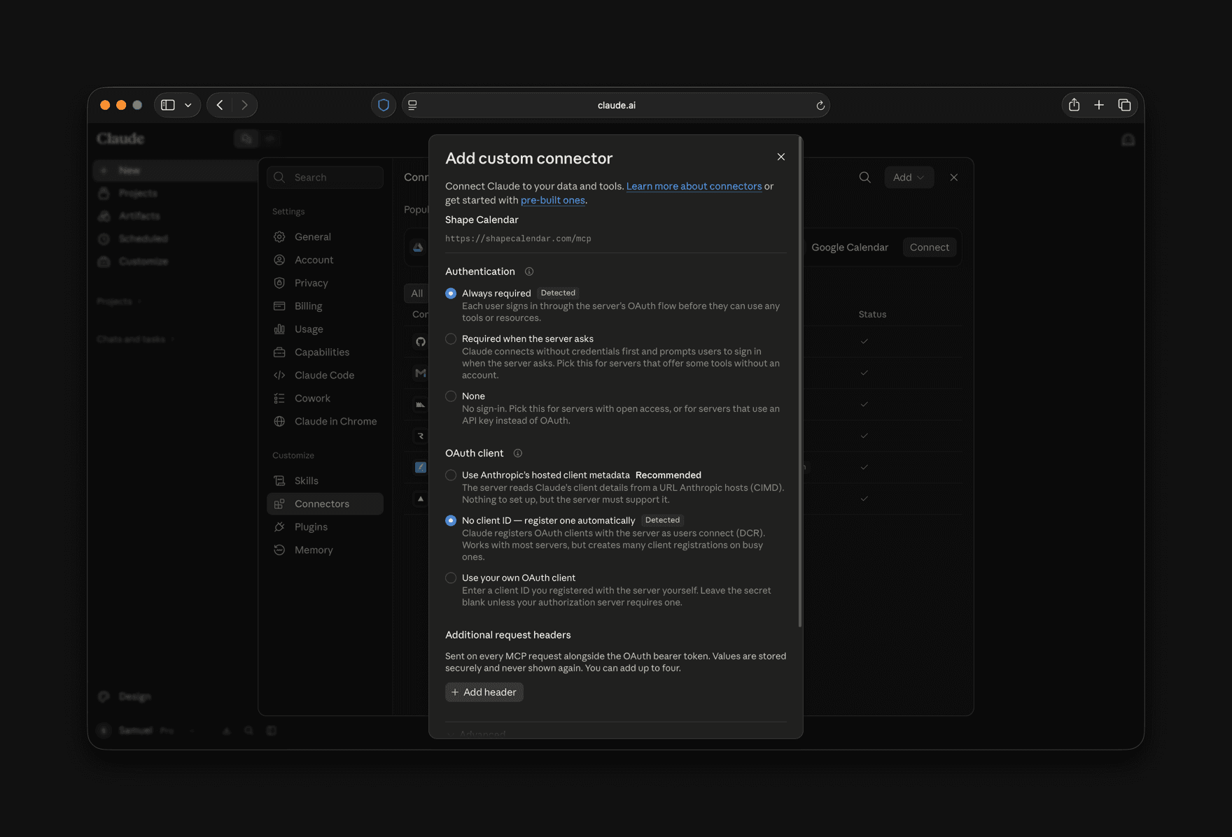 The authentication step of the Add custom connector dialog, with Always required and automatic client registration detected.