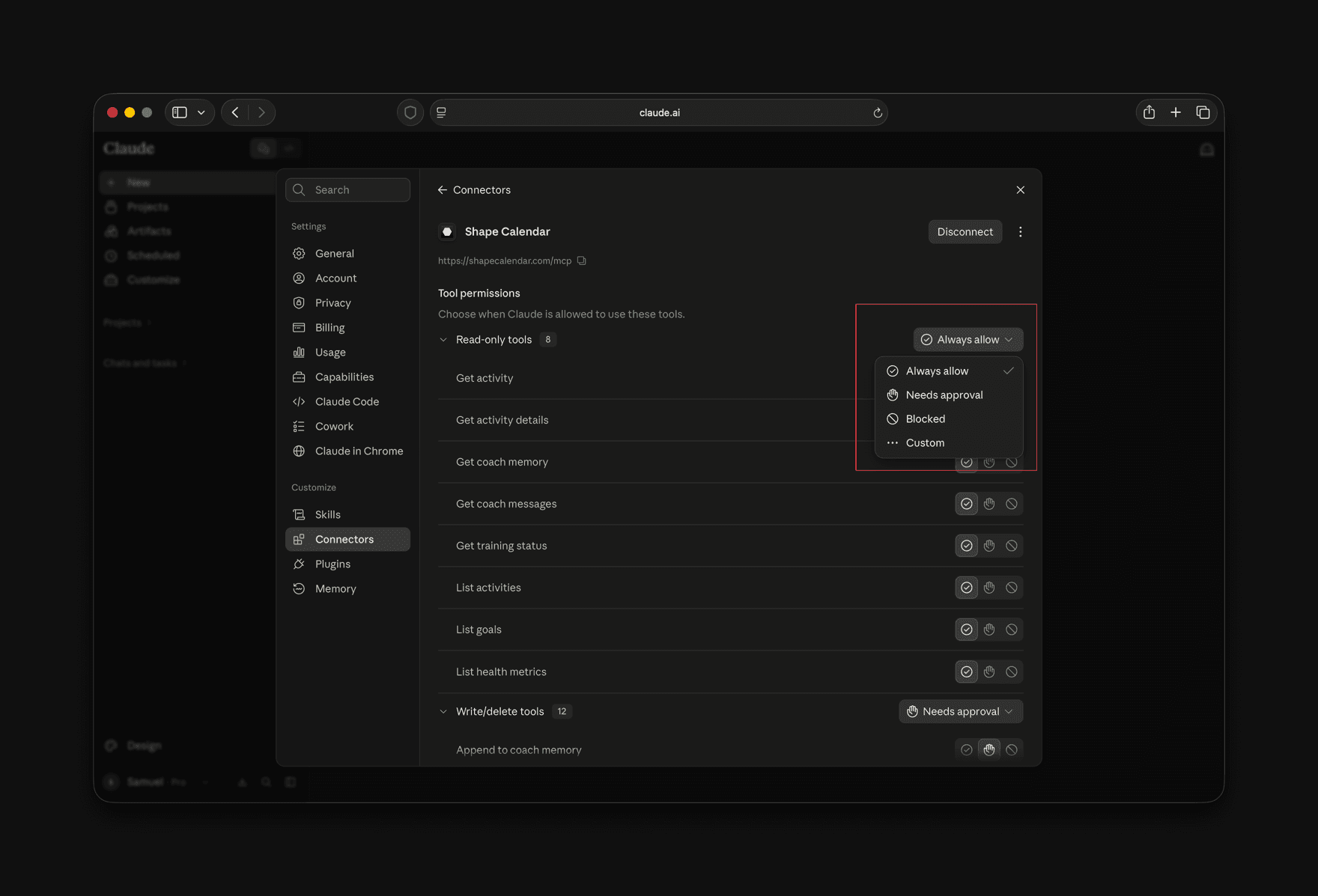 The Shape Calendar connector page in claude.ai with the read-only tools set to Always allow.
