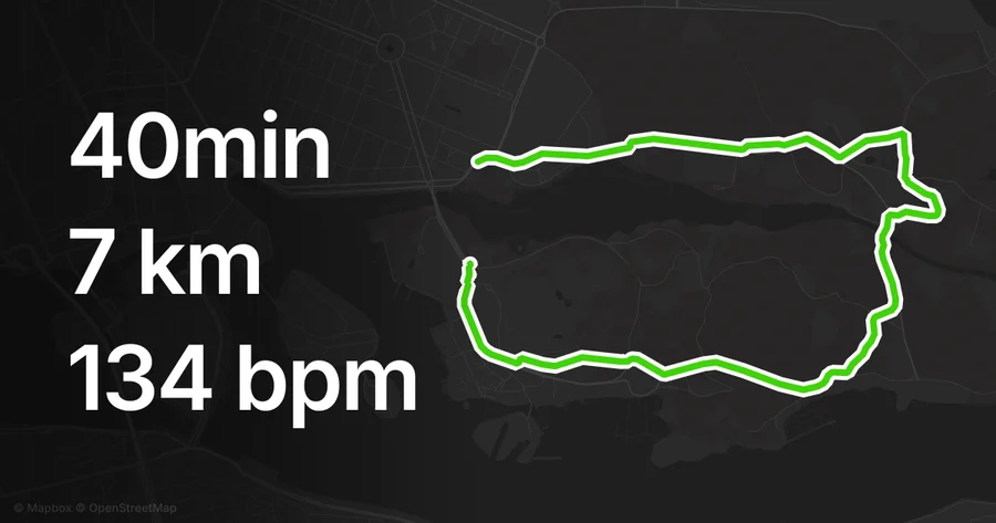 Wednesday's easy run: 40 minutes, 7 km, 134 bpm, with the route on a map of Djurgården